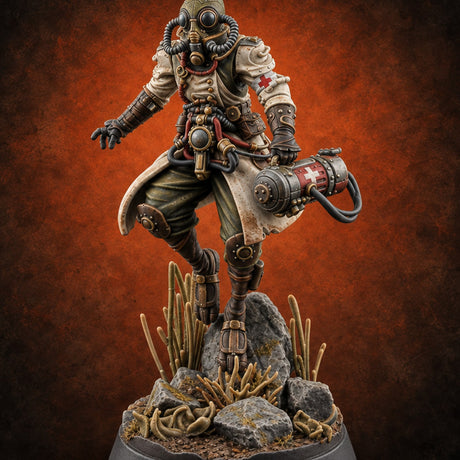 Breathes Easy Human Gas-Masked Medic — painted concept preview (miniature supplied unpainted)