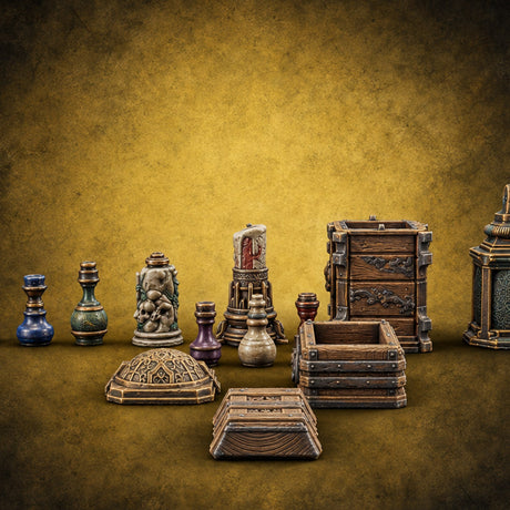 Apothecary Shelf Cleared Out Gothic Potion and Crate Props — painted concept preview (terrain supplied unpainted)