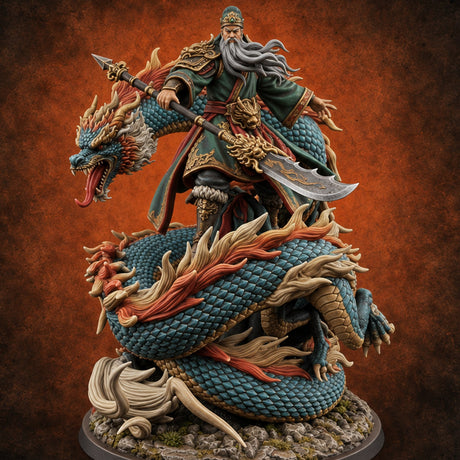 Stands Tall on Coiled Fury Human Bearded Warrior with Glaive and Coiled Eastern Dragon — painted concept preview (miniature supplied unpainted)