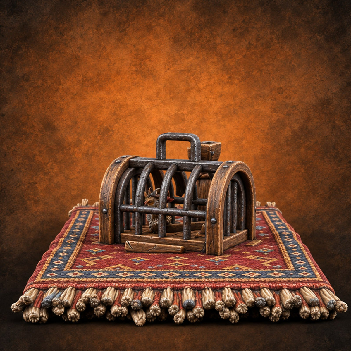 Rug Merchant's Roving Menagerie Pet Cage on Carpet — painted concept preview (terrain supplied unpainted)