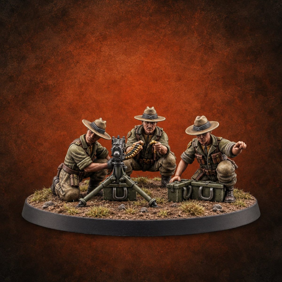 Feeding the Belt, Watching the Treeline Human Machine Gun Team — painted concept preview (miniature supplied unpainted)