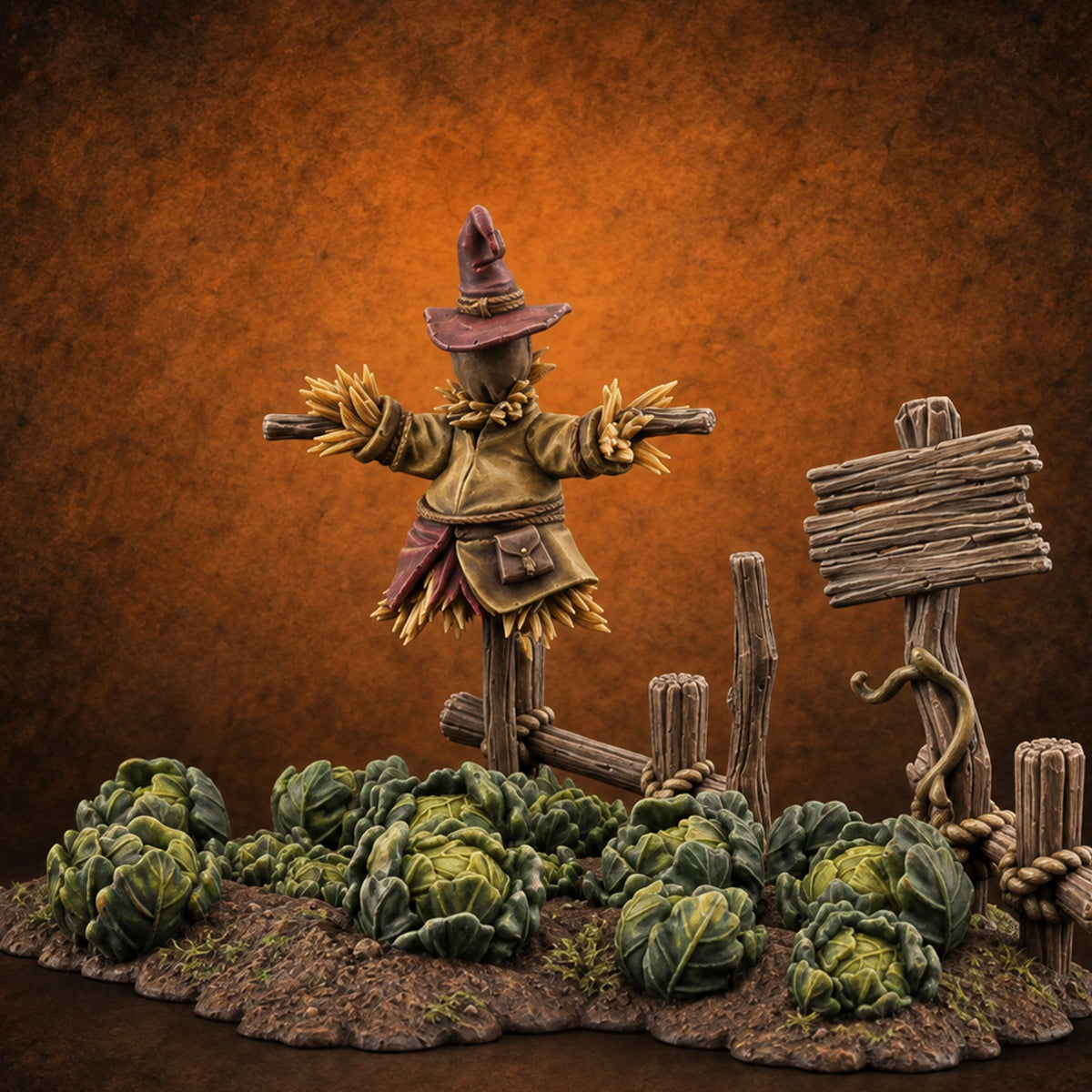 Scarecrow-Tended Vegetable Patch B — painted concept preview (terrain supplied unpainted)