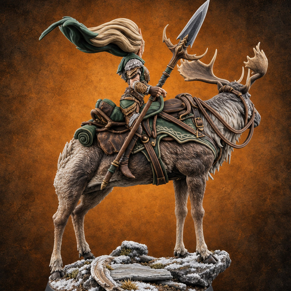 Riding Out Under Northern Lights Elf Elk Rider B — painted concept preview (miniature supplied unpainted)