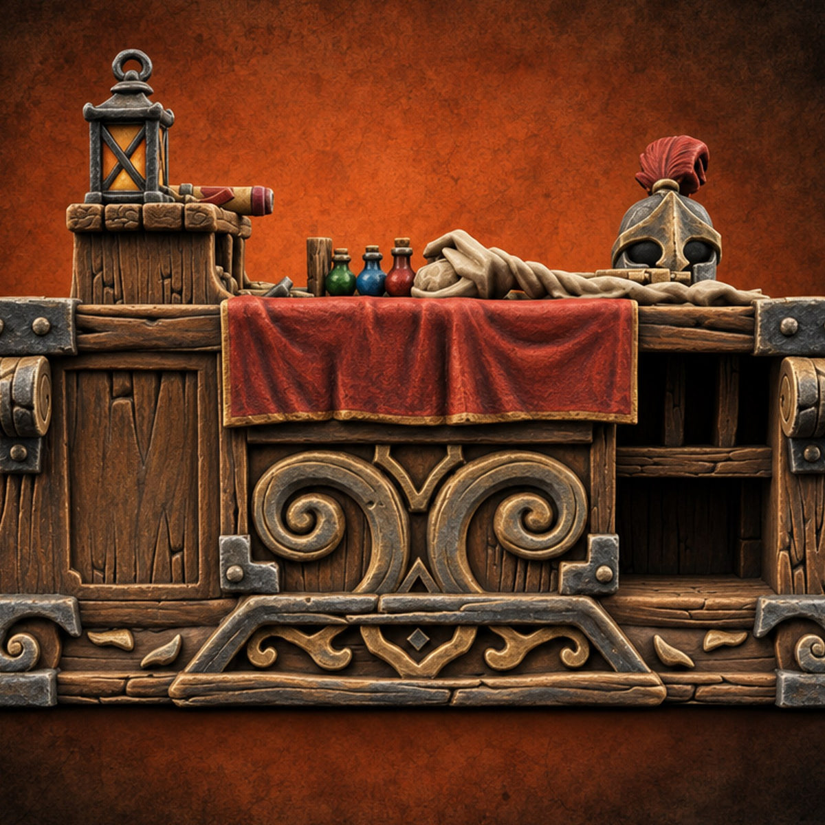 Priceless, Allegedly Wooden Display Desk with Draped Cloth, Potions, Helm and Lantern on Carved Scroll Base — painted concept preview (terrain supplied unpainted)