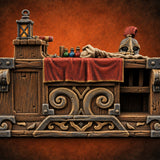 Priceless, Allegedly Wooden Display Desk with Draped Cloth, Potions, Helm and Lantern on Carved Scroll Base — painted concept preview (terrain supplied unpainted)