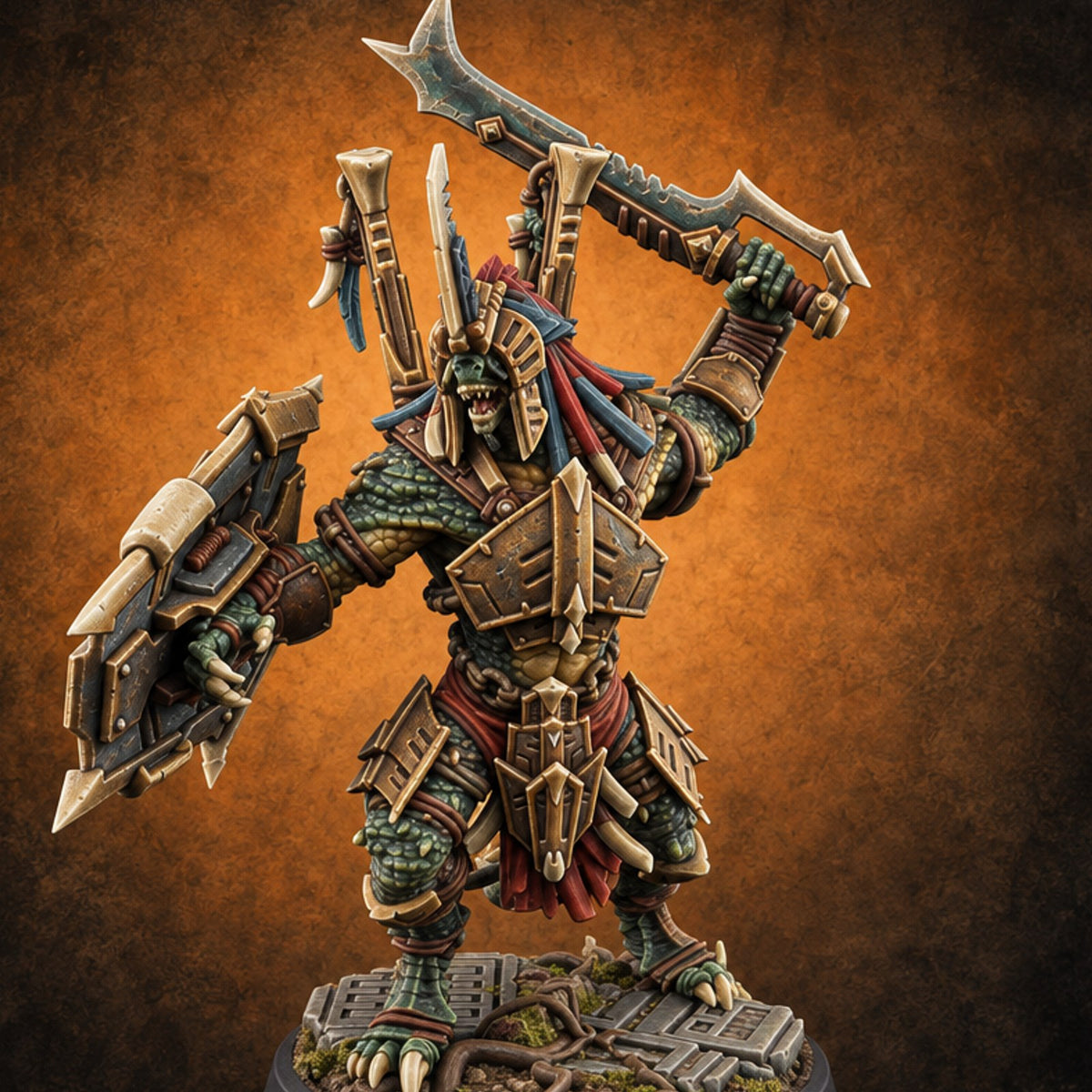 Spikes Out, Shields Up Lizardfolk Warrior A — painted concept preview (miniature supplied unpainted)