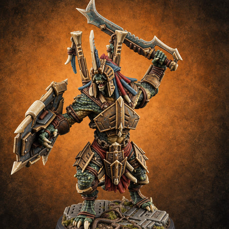 Spikes Out, Shields Up Lizardfolk Warrior A — painted concept preview (miniature supplied unpainted)