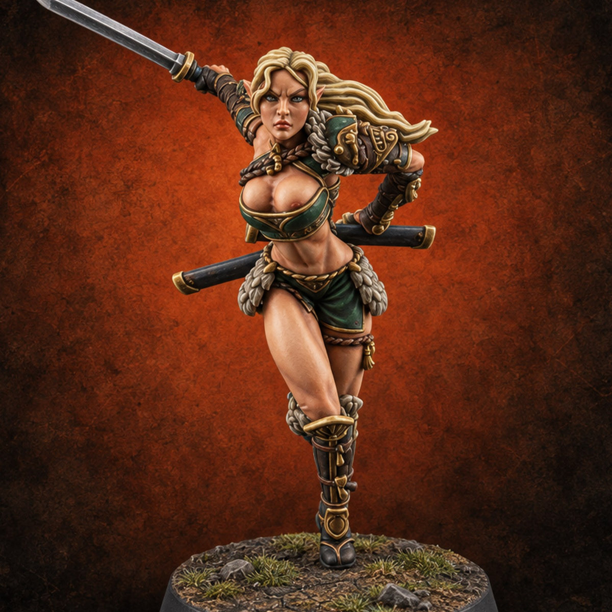 Scabbards Empty, Blade Overhead Elf Sword Warrior — painted concept preview (miniature supplied unpainted)
