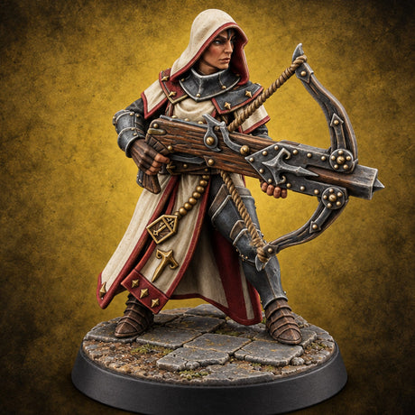 Pray, Then Aim Human Female Hooded Crossbow Arbalist A — painted concept preview (miniature supplied unpainted)