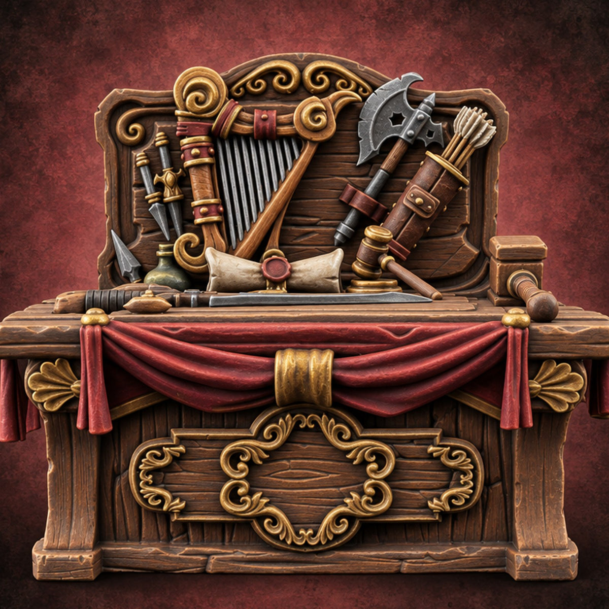 Everything Has a Reserve Price Wooden Display Desk with Draped Counter, Weapon and Harp Backboard, and Gavel — painted concept preview (terrain supplied unpainted)
