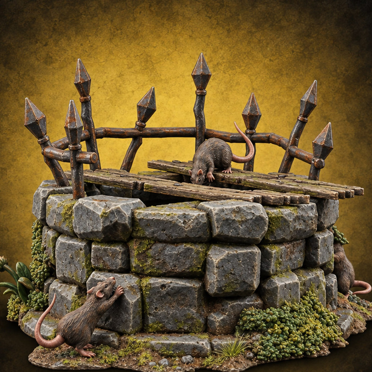 Rats Found the Bottom First Ruined Stone Well with Spiked Fence, Wooden Planks and Rats on Scenic Base — painted concept preview (terrain supplied unpainted)