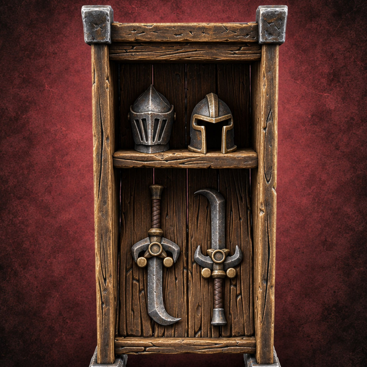 Hang the Helm, Sharpen the Curve Wooden Weapons Display Rack — painted concept preview (terrain supplied unpainted)