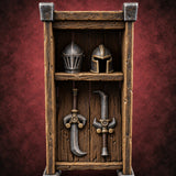 Hang the Helm, Sharpen the Curve Wooden Weapons Display Rack — painted concept preview (terrain supplied unpainted)