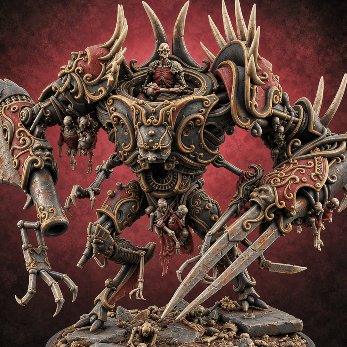 Dead Weight, Heavy Hitter Warforged Spiked War Automaton with Cannon Arm, Twin Blades and Hatch Pilot — painted concept preview (miniature supplied unpainted)