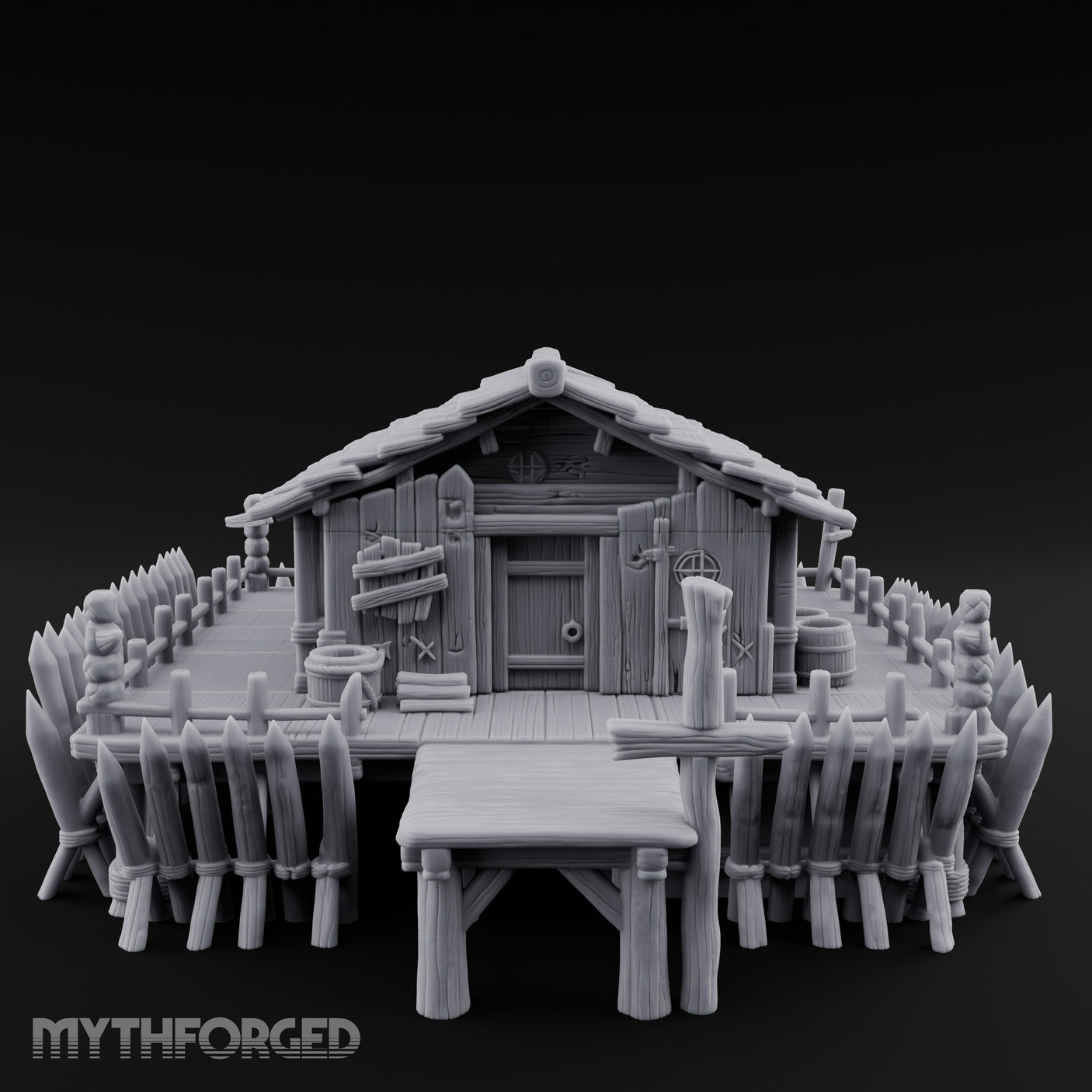 Palisade-Ringed Plank-Decked Frontier Supply Store Miniature for Dungeons and Dragons, Pathfinder or other TTRPGs