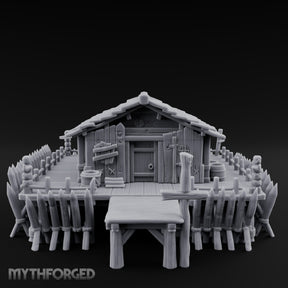 Palisade-Ringed Plank-Decked Frontier Supply Store Miniature for Dungeons and Dragons, Pathfinder or other TTRPGs