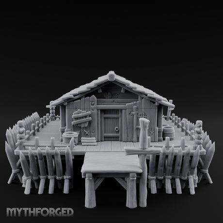 Palisade-Ringed Plank-Decked Frontier Supply Store Miniature for Dungeons and Dragons, Pathfinder or other TTRPGs