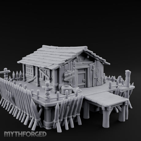Palisade-Ringed Plank-Decked Frontier Supply Store Miniature for Dungeons and Dragons, Pathfinder or other TTRPGs