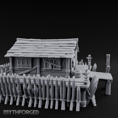 Palisade-Ringed Plank-Decked Frontier Supply Store Miniature for Dungeons and Dragons, Pathfinder or other TTRPGs