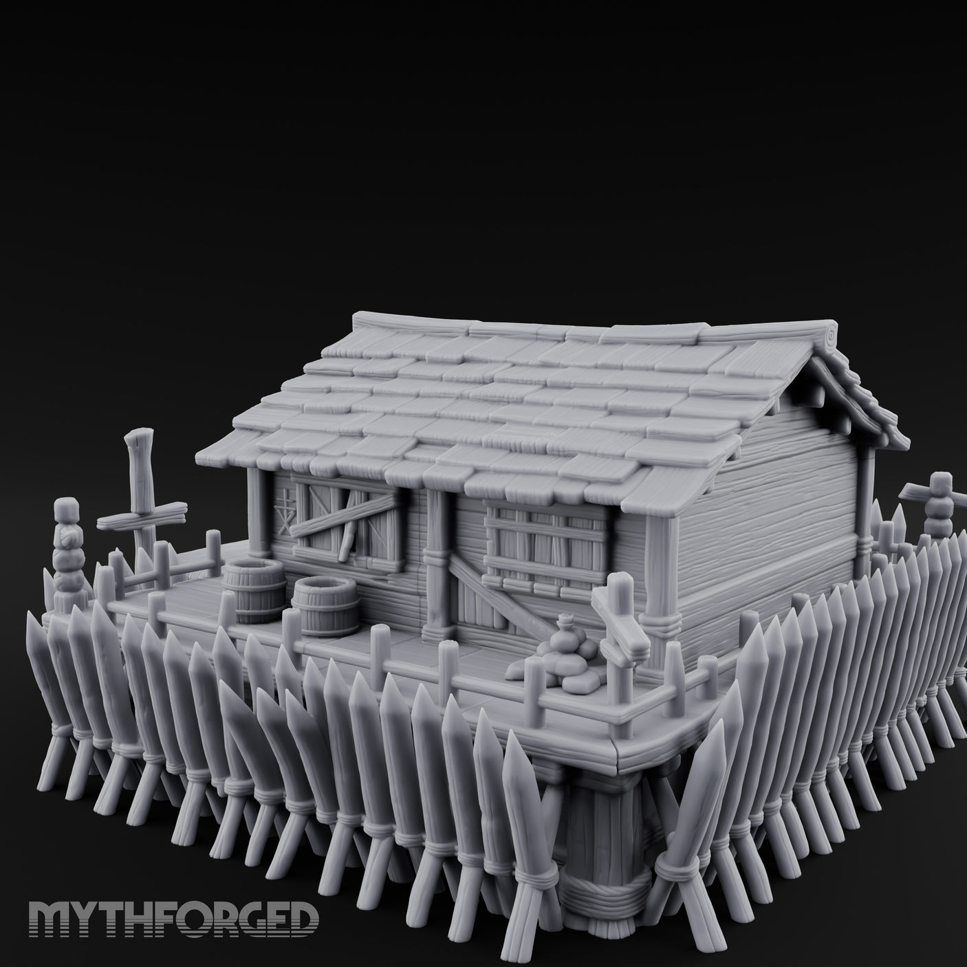 Palisade-Ringed Plank-Decked Frontier Supply Store Miniature for Dungeons and Dragons, Pathfinder or other TTRPGs