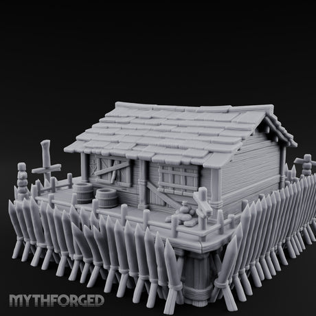 Palisade-Ringed Plank-Decked Frontier Supply Store Miniature for Dungeons and Dragons, Pathfinder or other TTRPGs