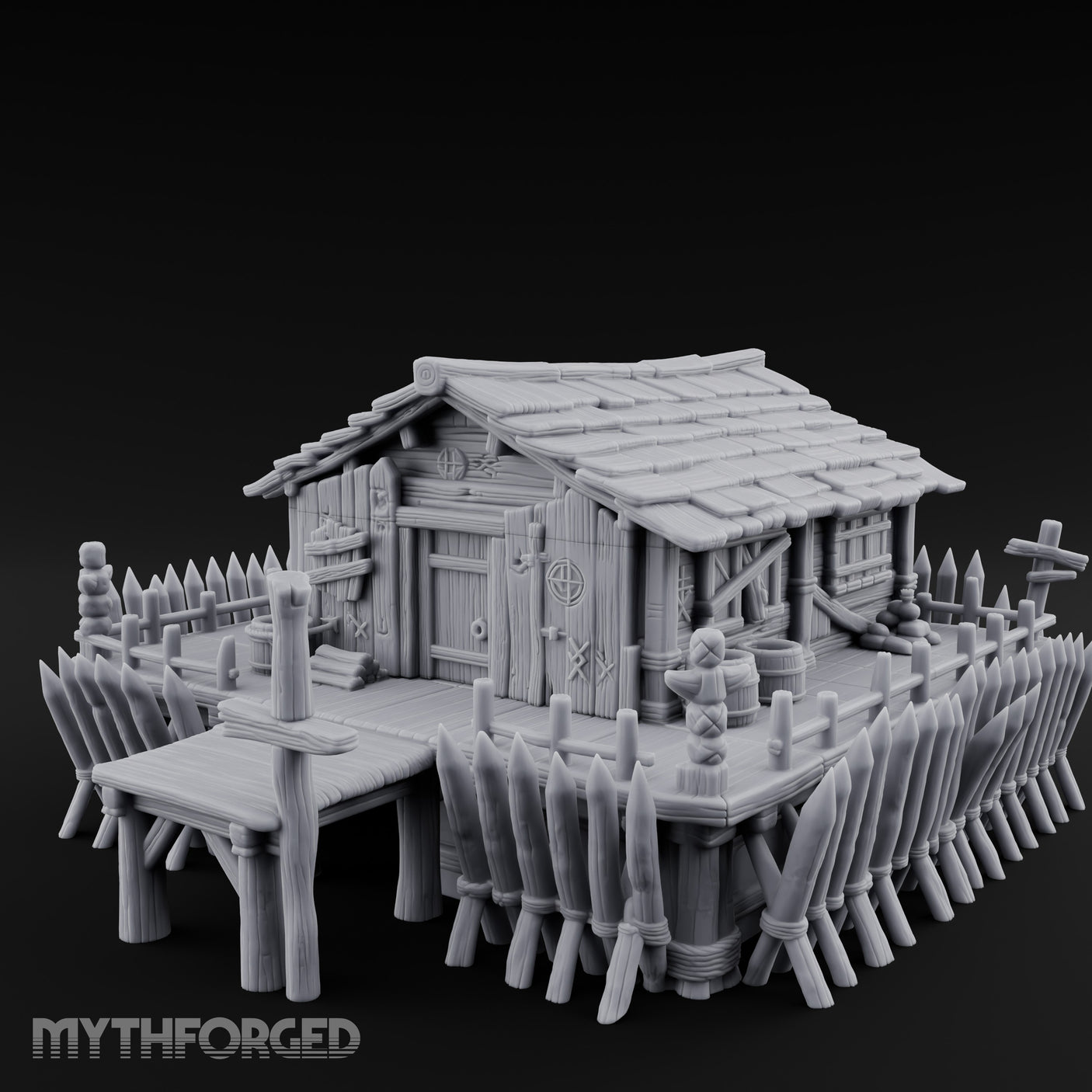 Palisade-Ringed Plank-Decked Frontier Supply Store Miniature for Dungeons and Dragons, Pathfinder or other TTRPGs