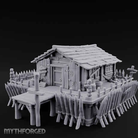 Palisade-Ringed Plank-Decked Frontier Supply Store Miniature for Dungeons and Dragons, Pathfinder or other TTRPGs