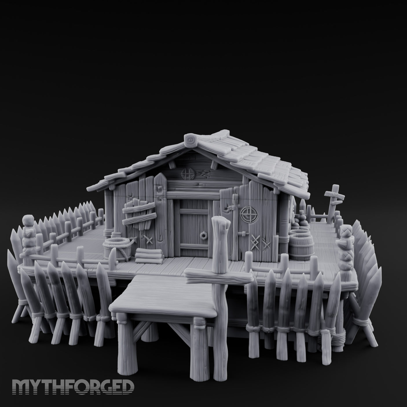 Palisade-Ringed Plank-Decked Frontier Supply Store Miniature for Dungeons and Dragons, Pathfinder or other TTRPGs