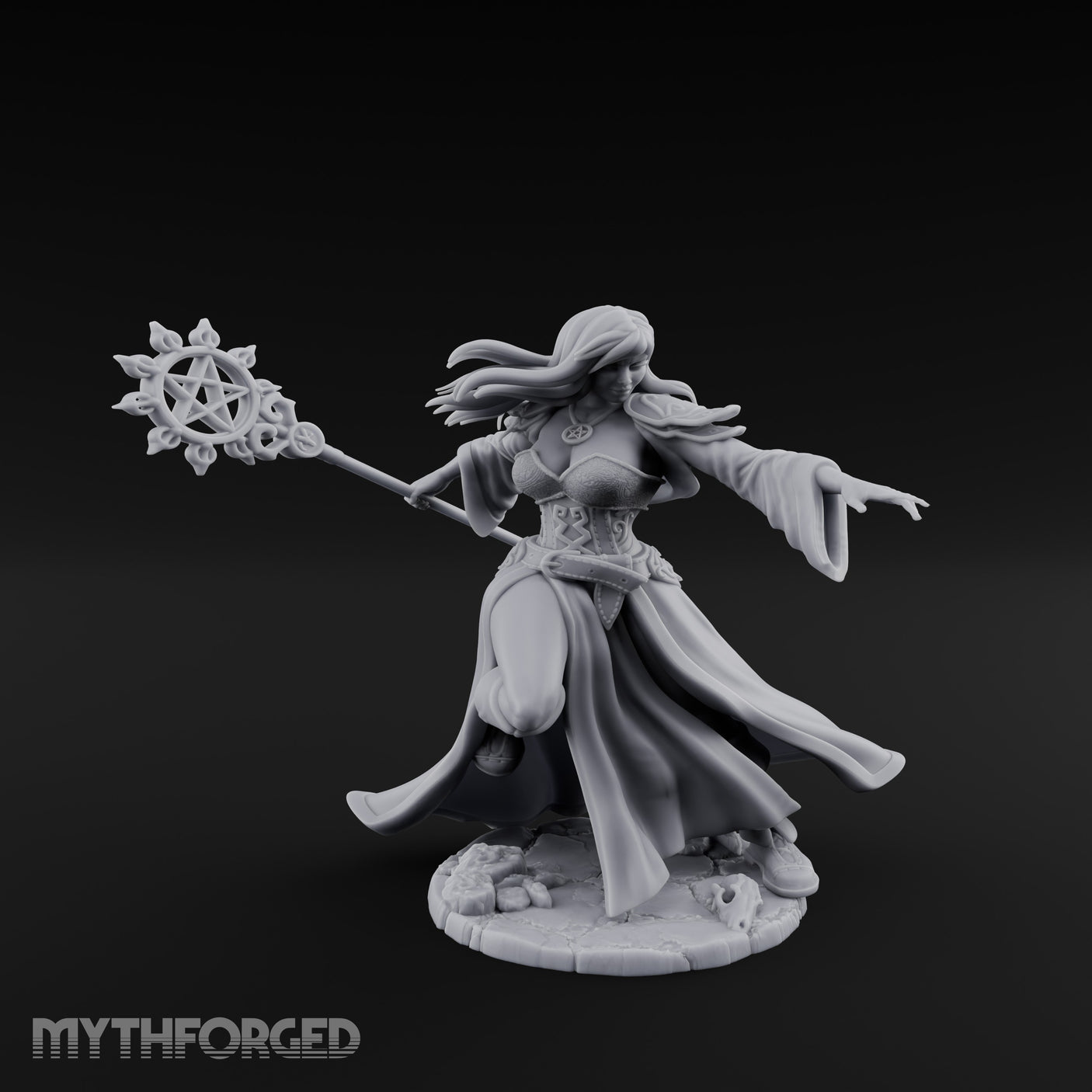 Pentagram Staff Casting Human Sorceress Miniature for Dungeons and Dragons, Pathfinder or other TTRPGs