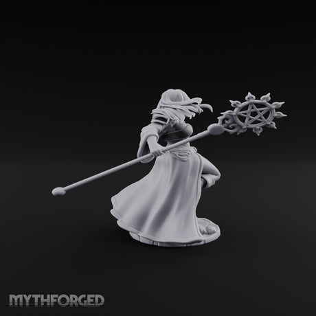 Pentagram Staff Casting Human Sorceress Miniature for Dungeons and Dragons, Pathfinder or other TTRPGs