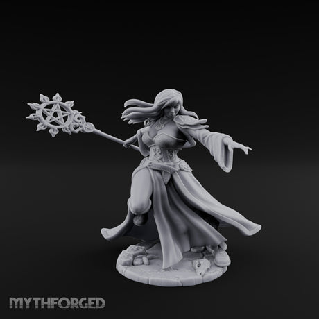 Pentagram Staff Casting Human Sorceress Miniature for Dungeons and Dragons, Pathfinder or other TTRPGs
