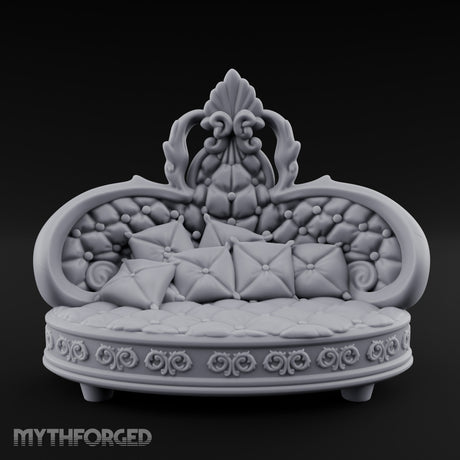 Pillow-Heaped Fleur-Crowned Noble Round Sofa Miniature for Dungeons and Dragons, Pathfinder or other TTRPGs