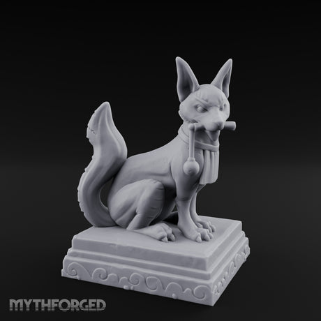 Pipe-Clenched Scroll-Sashed Kitsune Fox Guardian Statue Miniature for Dungeons and Dragons, Pathfinder or other TTRPGs