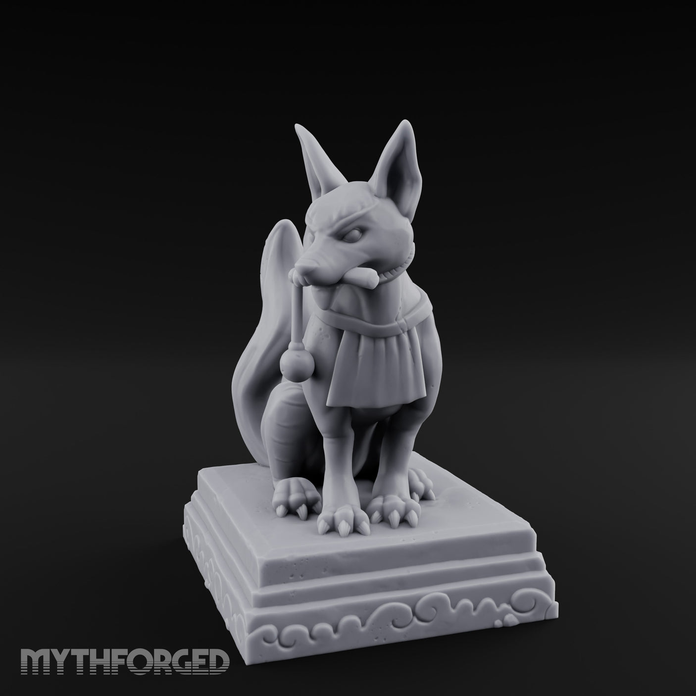 Pipe-Clenched Scroll-Sashed Kitsune Fox Guardian Statue Miniature for Dungeons and Dragons, Pathfinder or other TTRPGs