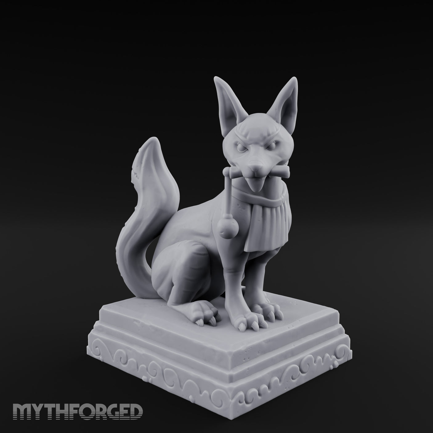 Pipe-Clenched Scroll-Sashed Kitsune Fox Guardian Statue Miniature for Dungeons and Dragons, Pathfinder or other TTRPGs