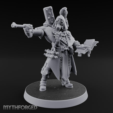 Pistol Aiming Scripture Clutching Human Trench Cleric Miniature for Dungeons and Dragons, Pathfinder or other TTRPGs