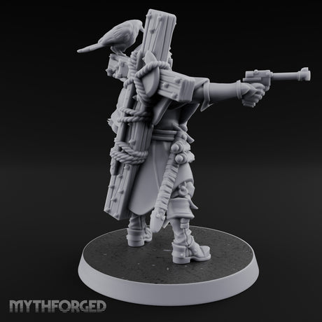 Pistol Aiming Scripture Clutching Human Trench Cleric Miniature for Dungeons and Dragons, Pathfinder or other TTRPGs