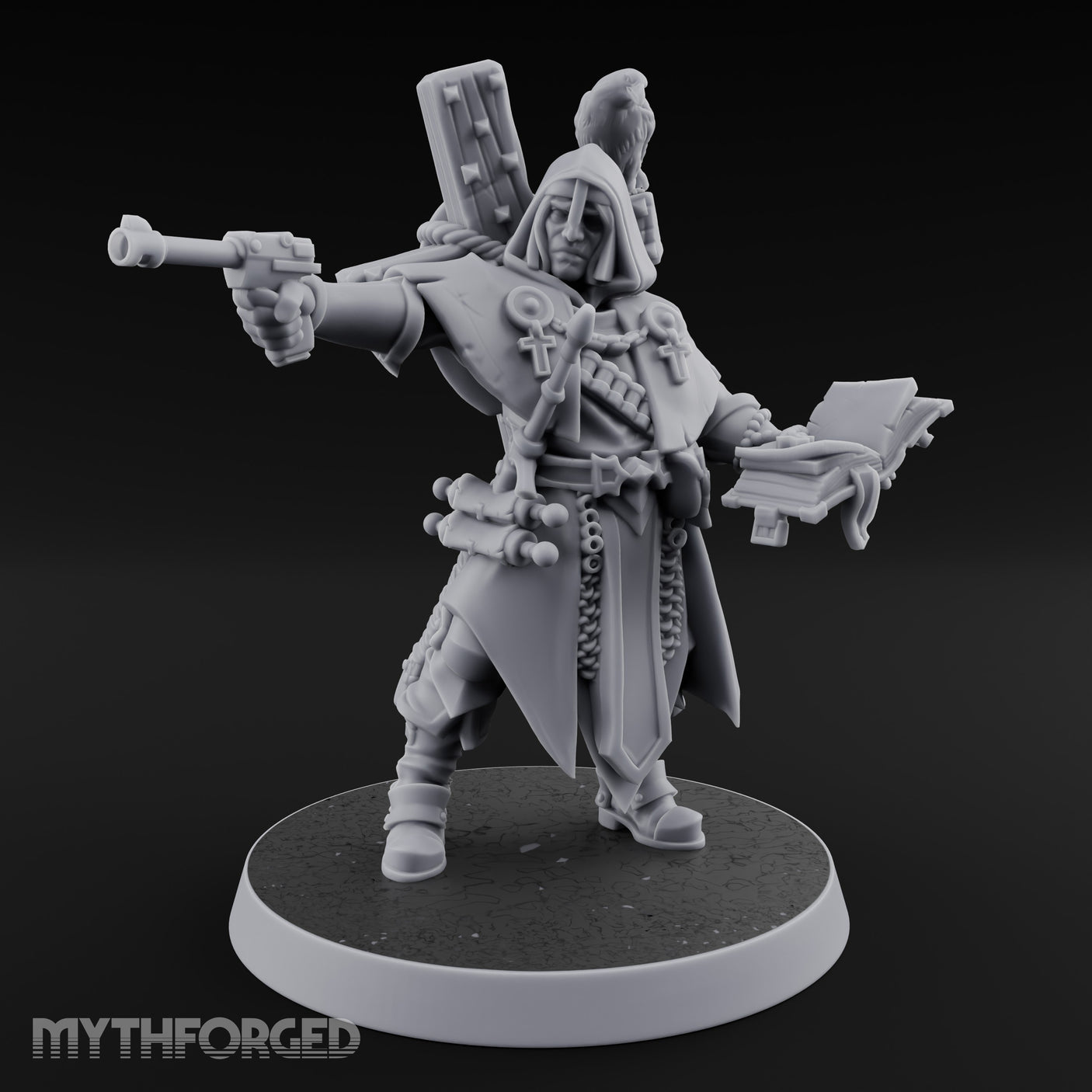 Pistol Aiming Scripture Clutching Human Trench Cleric Miniature for Dungeons and Dragons, Pathfinder or other TTRPGs