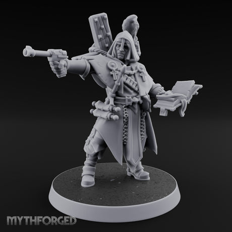 Pistol Aiming Scripture Clutching Human Trench Cleric Miniature for Dungeons and Dragons, Pathfinder or other TTRPGs