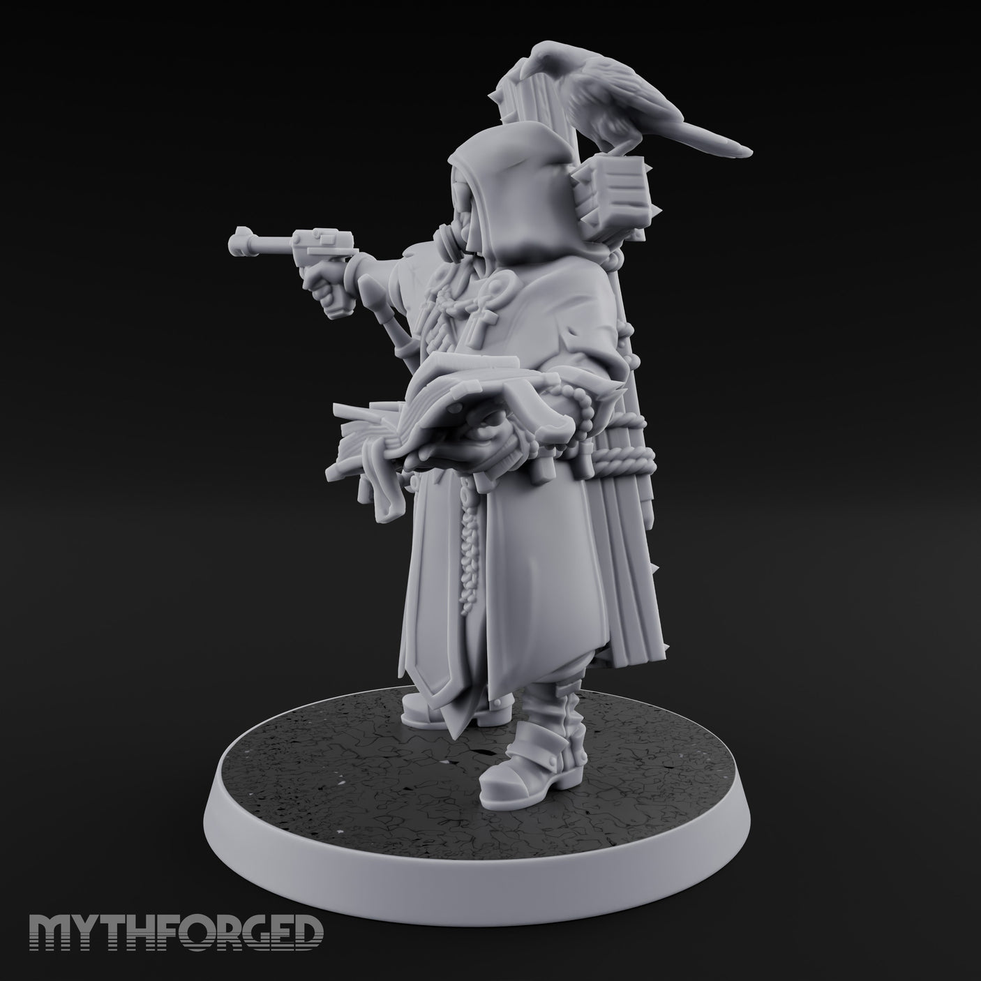 Pistol Aiming Scripture Clutching Human Trench Cleric Miniature for Dungeons and Dragons, Pathfinder or other TTRPGs