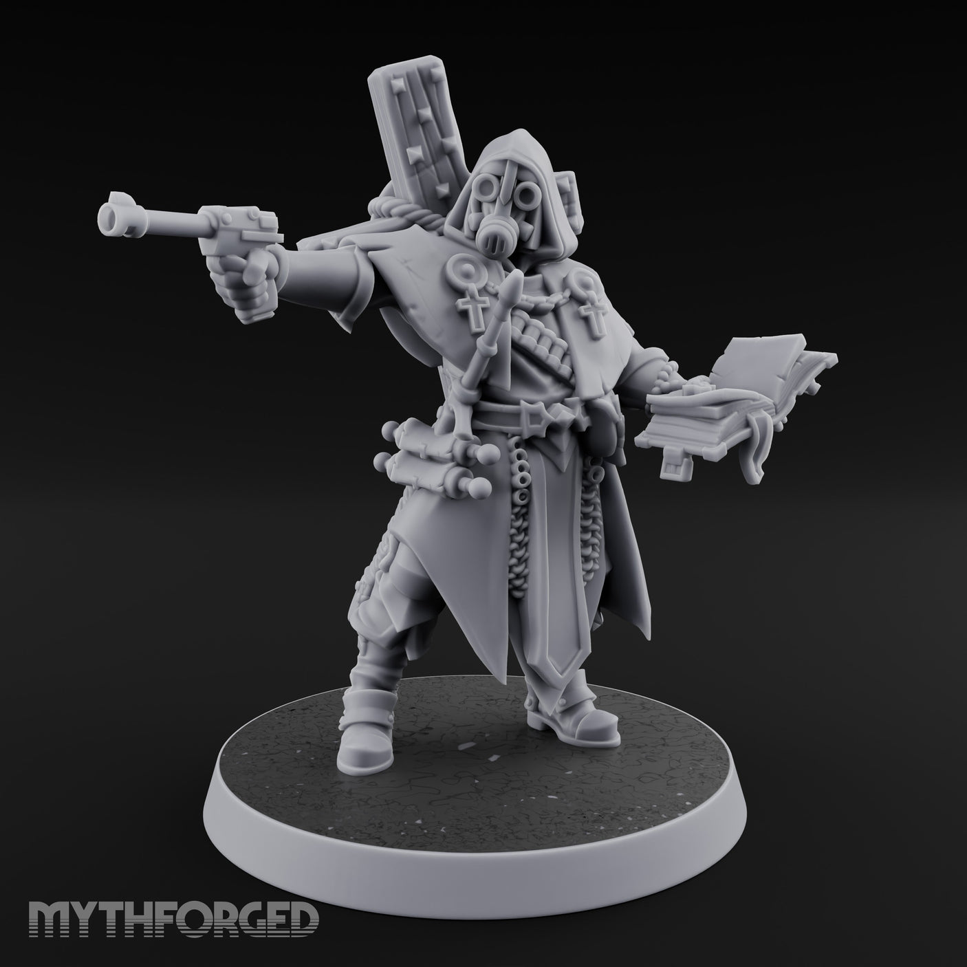 Pistol Aiming Scripture Clutching Human Trench Cleric Miniature for Dungeons and Dragons, Pathfinder or other TTRPGs