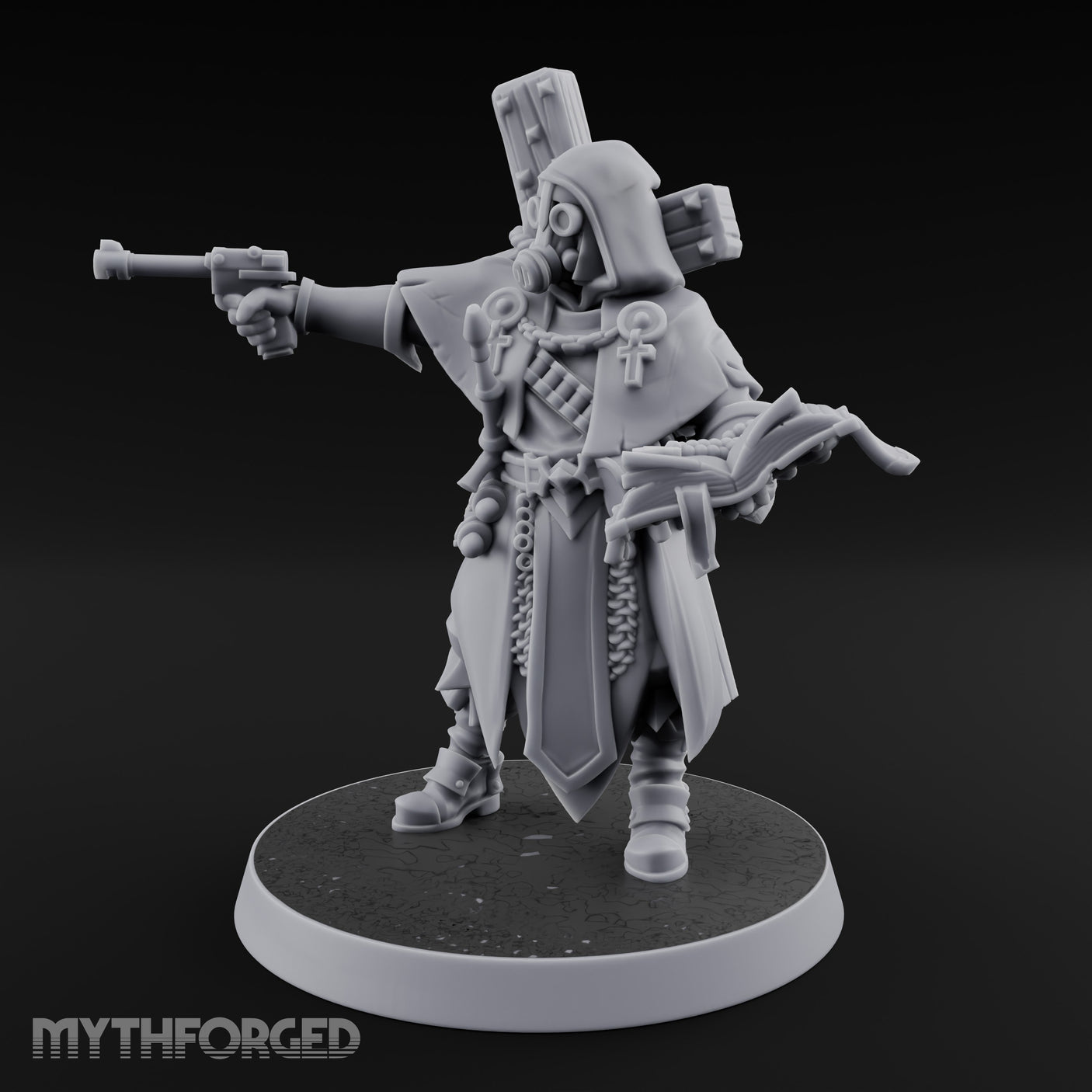 Pistol Aiming Scripture Clutching Human Trench Cleric Miniature for Dungeons and Dragons, Pathfinder or other TTRPGs