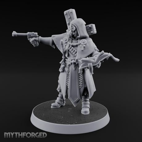Pistol Aiming Scripture Clutching Human Trench Cleric Miniature for Dungeons and Dragons, Pathfinder or other TTRPGs