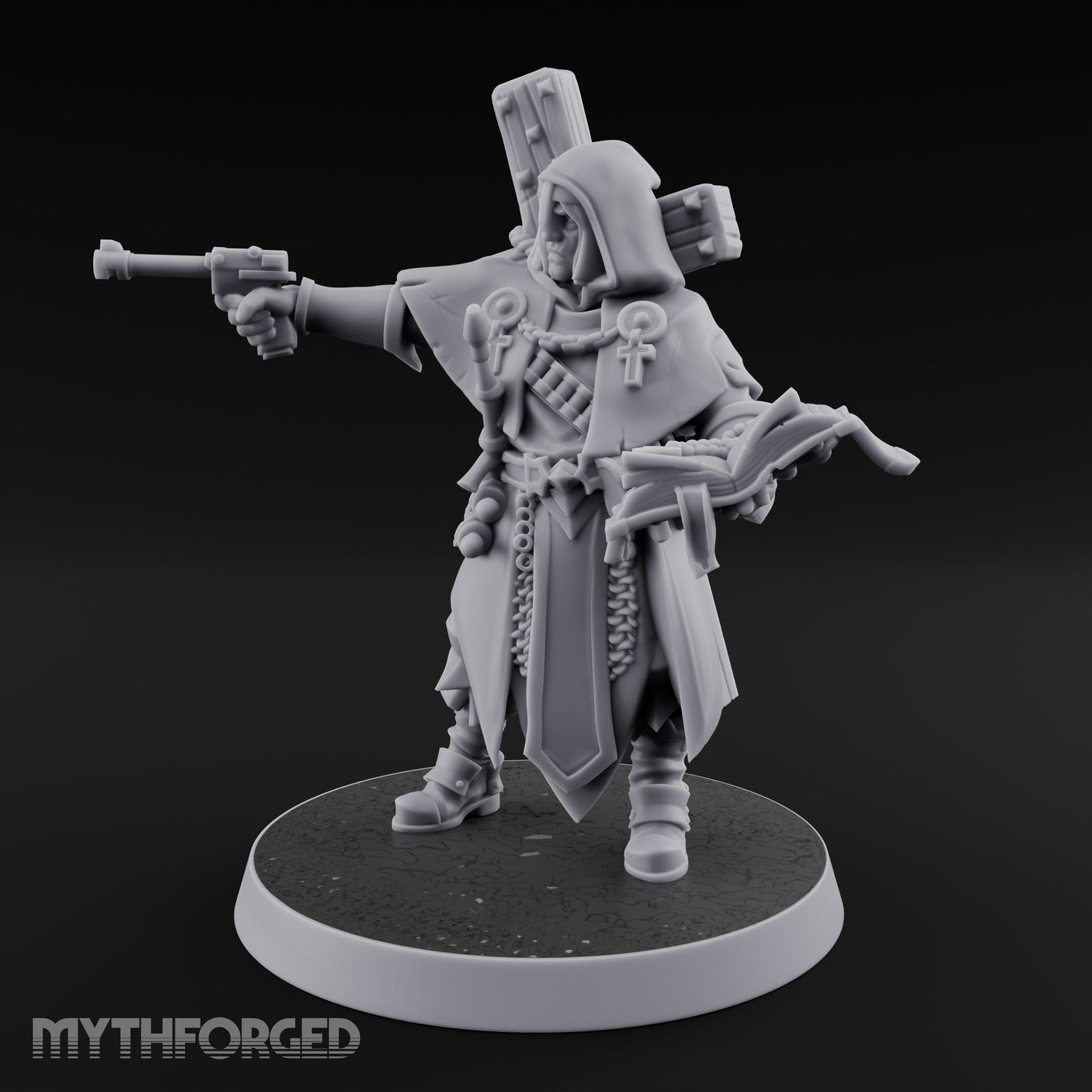 Pistol Aiming Scripture Clutching Human Trench Cleric Miniature for Dungeons and Dragons, Pathfinder or other TTRPGs
