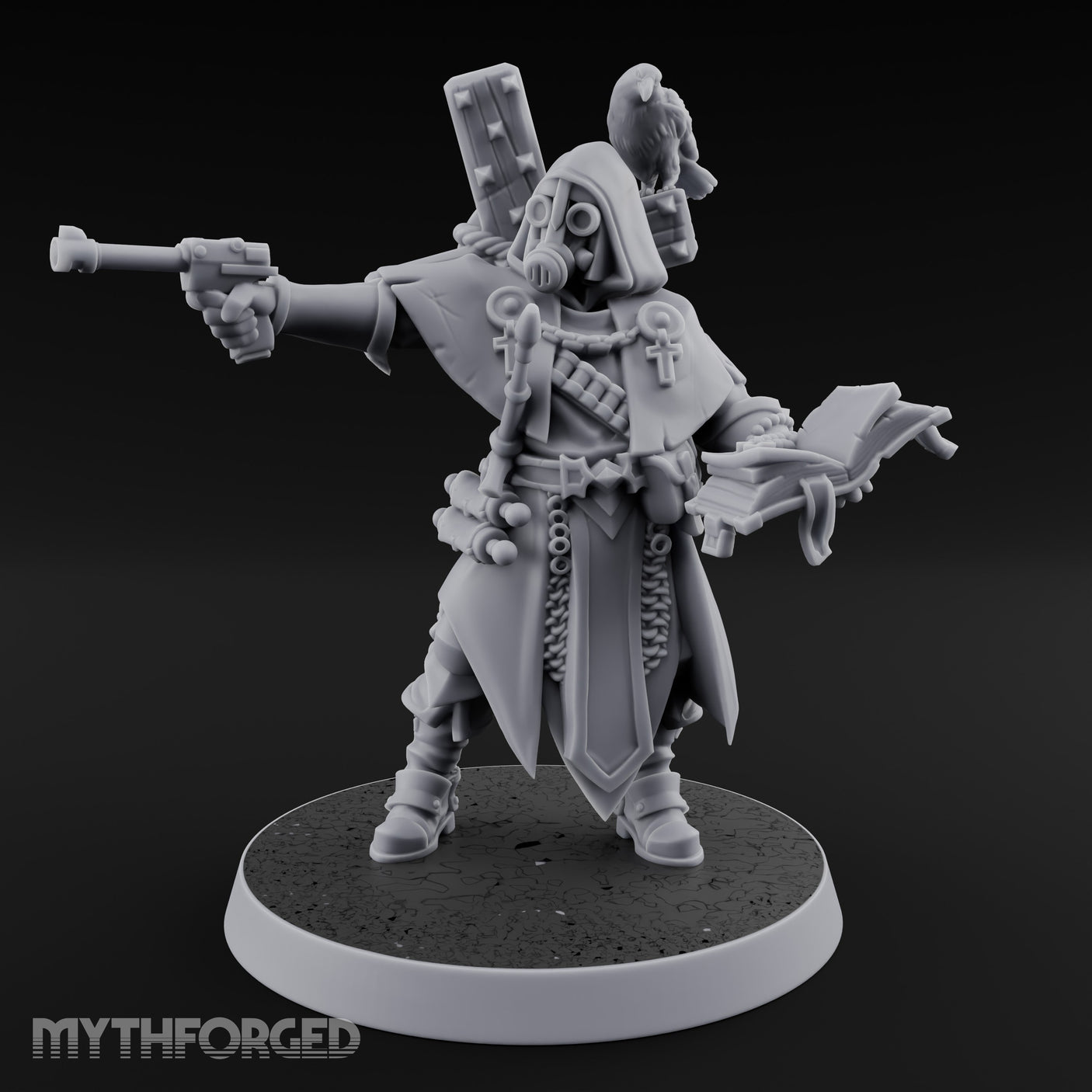 Pistol Aiming Scripture Clutching Human Trench Cleric Miniature for Dungeons and Dragons, Pathfinder or other TTRPGs