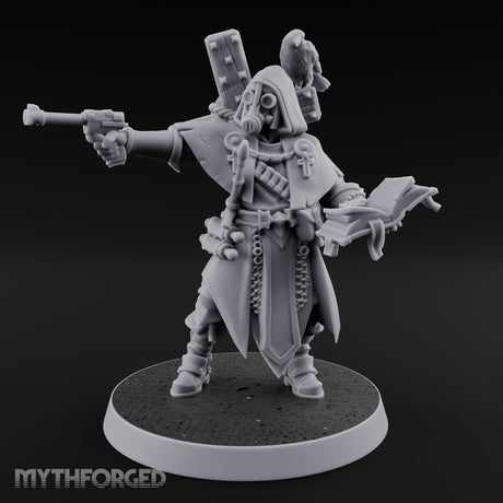 Pistol Aiming Scripture Clutching Human Trench Cleric Miniature for Dungeons and Dragons, Pathfinder or other TTRPGs