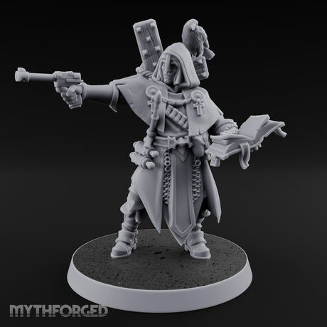 Pistol Aiming Scripture Clutching Human Trench Cleric Miniature for Dungeons and Dragons, Pathfinder or other TTRPGs
