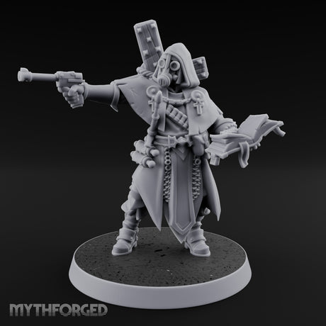 Pistol Aiming Scripture Clutching Human Trench Cleric Miniature for Dungeons and Dragons, Pathfinder or other TTRPGs