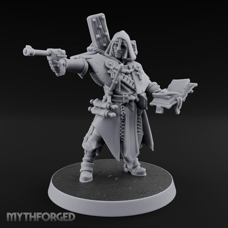 Pistol Aiming Scripture Clutching Human Trench Cleric Miniature for Dungeons and Dragons, Pathfinder or other TTRPGs