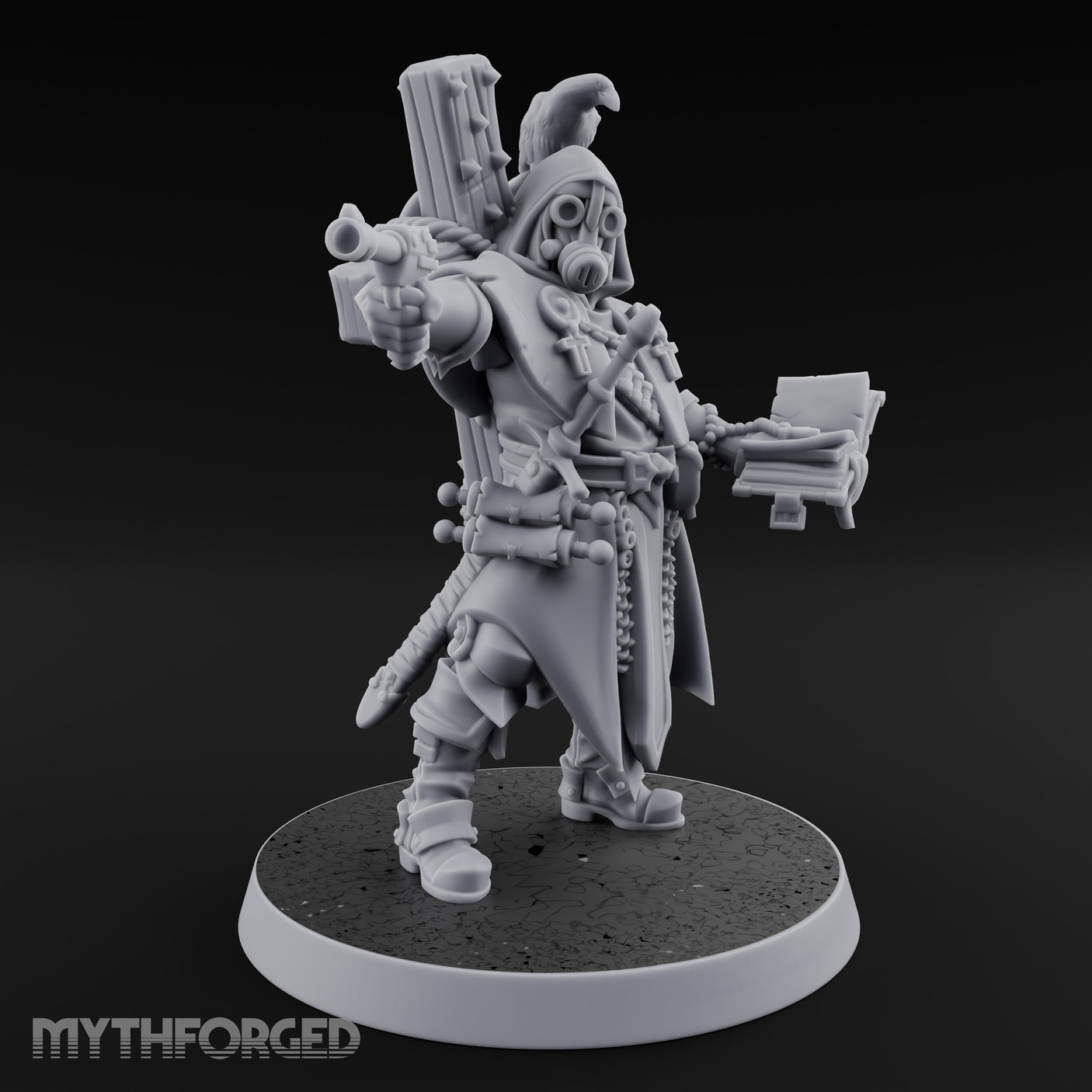Pistol Aiming Scripture Clutching Human Trench Cleric Miniature for Dungeons and Dragons, Pathfinder or other TTRPGs